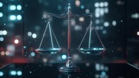Glowing scales of justice on dark background with bokeh lights and modern neon effect, symbolizing law, justice system and legal proceedings.