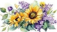 Vibrant watercolor floral arrangement featuring golden sunflowers and purple lilac blooms with lush green foliage, artistic botanical composition on white background.