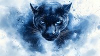 Fierce black panther head emerging from blue smoky background with intense glowing eyes, artistic wildlife portrait in watercolor and digital art style.