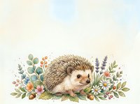 Cute hedgehog surrounded by wildflowers, berries, and foliage in watercolor style. Isolated on white background, suitable for nursery decor, children's books, greeting cards, and apparel design.