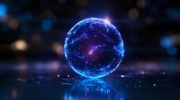Glowing blue sphere with network connections floating above reflective surface, illuminated by cosmic energy in dark space with bokeh effects and light particles.