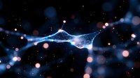 Glowing neural network visualization with blue light connections and orange bokeh particles floating in dark space, representing artificial intelligence.