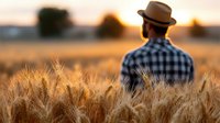 Male farmer in checkered shirt and hat standing in golden wheat field at sunset during harvest season for agricultural business and farming concepts.