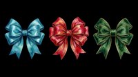 Three watercolor gift bows in blue, red, and green isolated on transparent background, ready for Christmas clipart, stickers, t-shirt design, and print on demand projects.