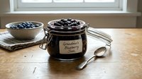 Homemade blueberry jam in glass jar with label next to fresh berries in bowl on wooden table by window, perfect for food styling and culinary content.