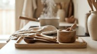 Wooden kitchen utensils and bowls arranged on bamboo tray in warm natural light creating cozy rustic cooking atmosphere for culinary design projects.