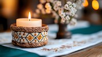 Glowing candle in decorative holder with ethnic pattern on white tablecloth, cherry blossom branch in blurred background creates cozy atmosphere.