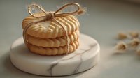 Stack of golden shortbread cookies tied with rustic twine bow on round marble serving board, perfect for food photography or bakery marketing.