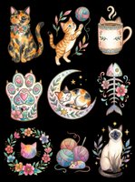 Cute cat clipart set with floral designs, paw, fish bone, yarn, and moon, isolated on transparent background, ready for stickers, T-shirts, and print on demand.