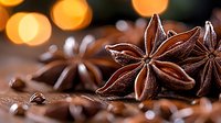 Star anise pods with warm bokeh lights in background, aromatic spices on wooden surface, macro food photography with soft focus and golden highlights.