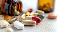 Variety of pharmaceutical pills, capsules and tablets scattered near medicine bottle on wooden surface with selective focus and warm lighting.