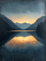 Serene mountain lake at sunset with golden sky reflection, peaceful alpine landscape with silhouetted peaks and calm waters for nature backgrounds.