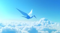 Origami paper bird flying above fluffy white clouds in bright blue sky, symbolizing freedom, hope, and new beginnings for inspirational and motivational designs.