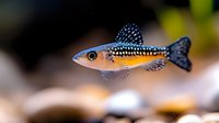 Spotted blue and orange killifish swimming in aquarium water against blurred background, exotic tropical fish with dotted pattern and distinctive fins.