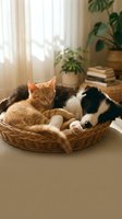 Orange tabby cat and black white puppy sleeping together in wicker basket by sunny window with houseplants creating cozy home atmosphere for pet friendship content.