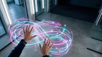 Businessman hands manipulating holographic data visualization with glowing neon circles in modern office environment for digital technology presentations.