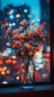 Glowing coral flowers in glass vase against window with blurred city lights bokeh background creating magical evening atmosphere, romantic urban setting.