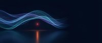 Abstract glowing light waves flowing over dark water with red luminous orb reflecting below, creating ethereal digital atmosphere for modern design projects.
