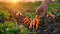 Fresh organic carrots being harvested from garden soil at golden sunset hour, perfect for healthy lifestyle, farming and seasonal harvest concepts in natural lighting.