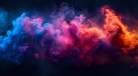 Vibrant multicolored smoke clouds in motion against black background, flowing from blue through purple and pink to orange, creating dramatic abstract art effect.