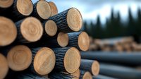 Fresh cut pine logs stacked showing circular end grain texture with natural forest background in soft focus, lumber industry raw materials ready for processing.