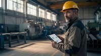 Male industrial worker wearing yellow hard hat and work clothes holding digital tablet in factory warehouse setting with machinery and natural light from windows.