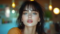 Young Asian woman with bright blue eyes and dark hair wearing orange top against blurred bokeh lights background, soft evening mood portrait.