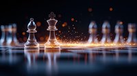 Chess pieces on reflective surface with glowing light effects and bokeh, strategic business concept showing leadership and competition in dramatic atmosphere.