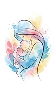 Tender mother holding newborn baby in loving embrace with soft watercolor splashes and floral elements on white background for motherhood designs.