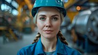 Young female industrial engineer wearing protective hardhat and blue workwear in manufacturing facility with bokeh lights and machinery in background.