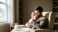 Young father holding infant baby in cozy armchair by window, bonding moment in warm home interior with soft natural lighting for parenting content.