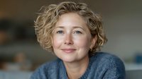 Portrait of middle-aged Caucasian woman with short curly blonde hair and blue eyes, wearing blue sweater, smiling gently at camera in soft indoor lighting.