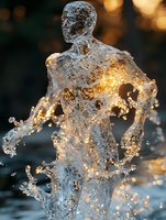 Translucent water sculpture forms male figure silhouette with dynamic splashing effect, glowing with warm sunset light creating ethereal atmosphere against dark background.