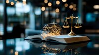 Decorative scales of justice and glowing crystal ball on open book with bokeh lights background, reflecting legal wisdom and future predictions.