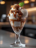 Luxurious ice cream sundae with vanilla scoops, caramel drizzle, chocolate crumble topping and fresh mint garnish served in elegant glass, photographed with soft bokeh background.