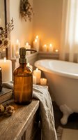 Cozy rustic bathroom with amber soap dispenser, glowing candles, dried flowers, and a clawfoot bathtub creating a warm, relaxing spa atmosphere.
