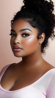 Young African American woman with natural curly hair in updo style wearing pink top, showcasing glowing makeup and highlighted skin against soft pink background.