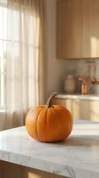 Orange pumpkin on marble kitchen counter with warm natural lighting and modern wooden cabinets creating cozy autumn atmosphere for seasonal cooking.