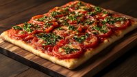 Fresh homemade focaccia bread topped with sliced tomatoes, herbs, and olive oil on wooden cutting board, rustic style food photography with natural lighting.
