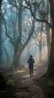 Woman jogging through misty forest path lined with gnarled trees and moss-covered ground. Atmospheric woodland scene for fitness, wellness, and outdoor activity concepts.