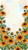 Orange rudbeckia flowers frame with green leaves on watercolor background. Floral border design for greeting cards, invitations and seasonal decorations.