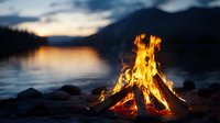 Glowing campfire on rocky lakeshore at sunset, flames reflecting in calm mountain lake water with dramatic dusk sky and silhouetted peaks in background.