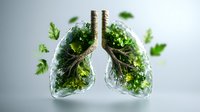 Glass lungs filled with fresh green leaves and glowing particles symbolizing clean air, environmental health and respiratory wellness against gray background.