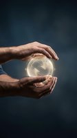 Male hands holding glowing orb with arrow symbol against dark blue background, representing business growth, future vision, and strategic direction for corporate presentations.