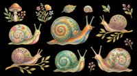 Colorful snails with ornate shells and botanical elements isolated on transparent background. Ready for t-shirt designs, clipart, stickers, sublimation, and print-on-demand projects.