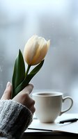 Delicate cream tulip held by woman in knit sweater beside coffee cup on rainy day, creating cozy atmosphere for relaxation or contemplation.