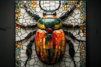Colorful mosaic beetle artwork featuring vibrant orange, green, and metallic elements against stained glass pattern background. Decorative insect design for wall art and home decor.