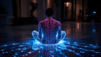 Glowing figure in meditation pose with digital light trails emanating outward, creating futuristic zen atmosphere against dark background. For wellness and technology concepts.