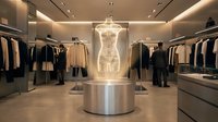 Futuristic fashion retail store interior with holographic female mannequin display, modern clothing racks and ambient lighting for commercial design.