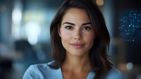 Professional young Hispanic businesswoman with confident smile in modern office environment with bokeh lights and technology background.